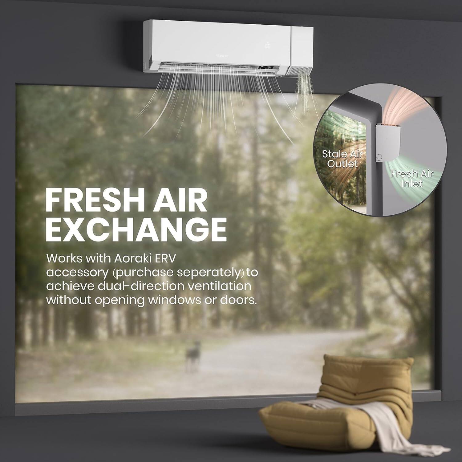 FRESH AIR EXCHANGE  
Works with Aoraki ERV accessory (purchase separately) to achieve dual-direction ventilation without opening windows or doors.  

Stale Air Outlet  
Fresh Air Inlet