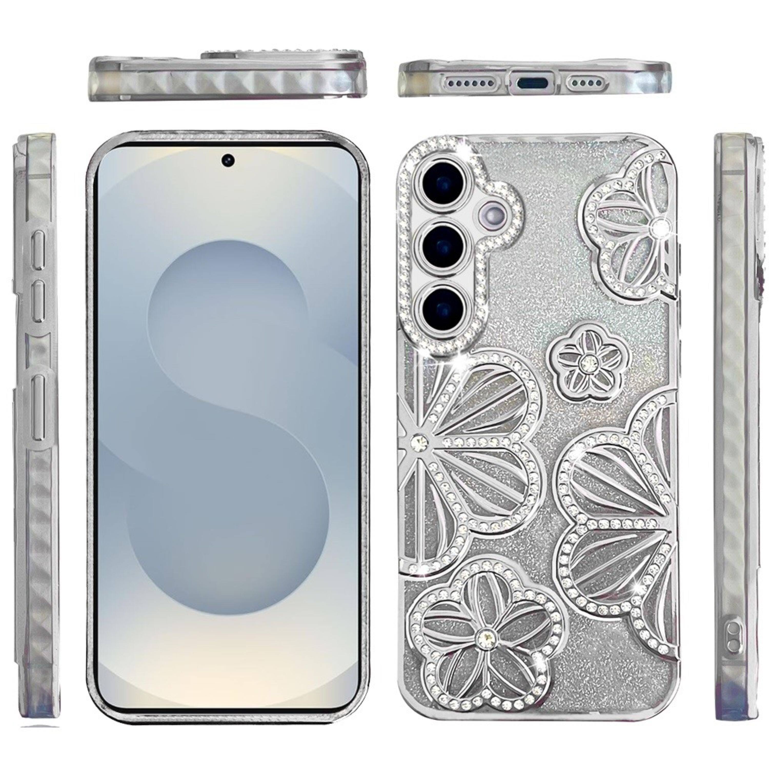 Angle. Kitcheniva - 3D Floral Glitter Bling Case With Tempered Glass For Samsung S26 Plus Silver - Silver.