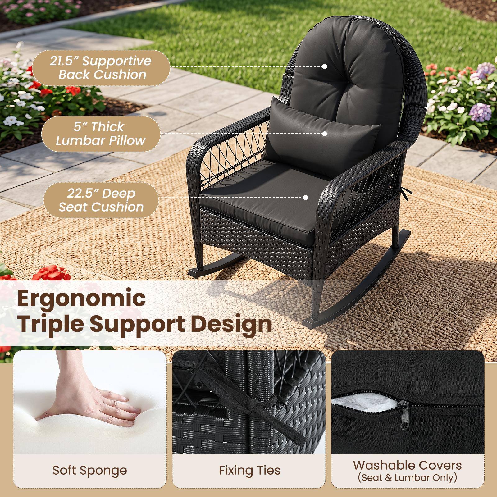 21.5" Supportive Back Cushion  
5" Thick Lumbar Pillow  
22.5" Deep Seat Cushion  
Ergonomic Triple Support Design  
Soft Sponge  
Fixing Ties  
Washable Covers (Seat & Lumbar Only)