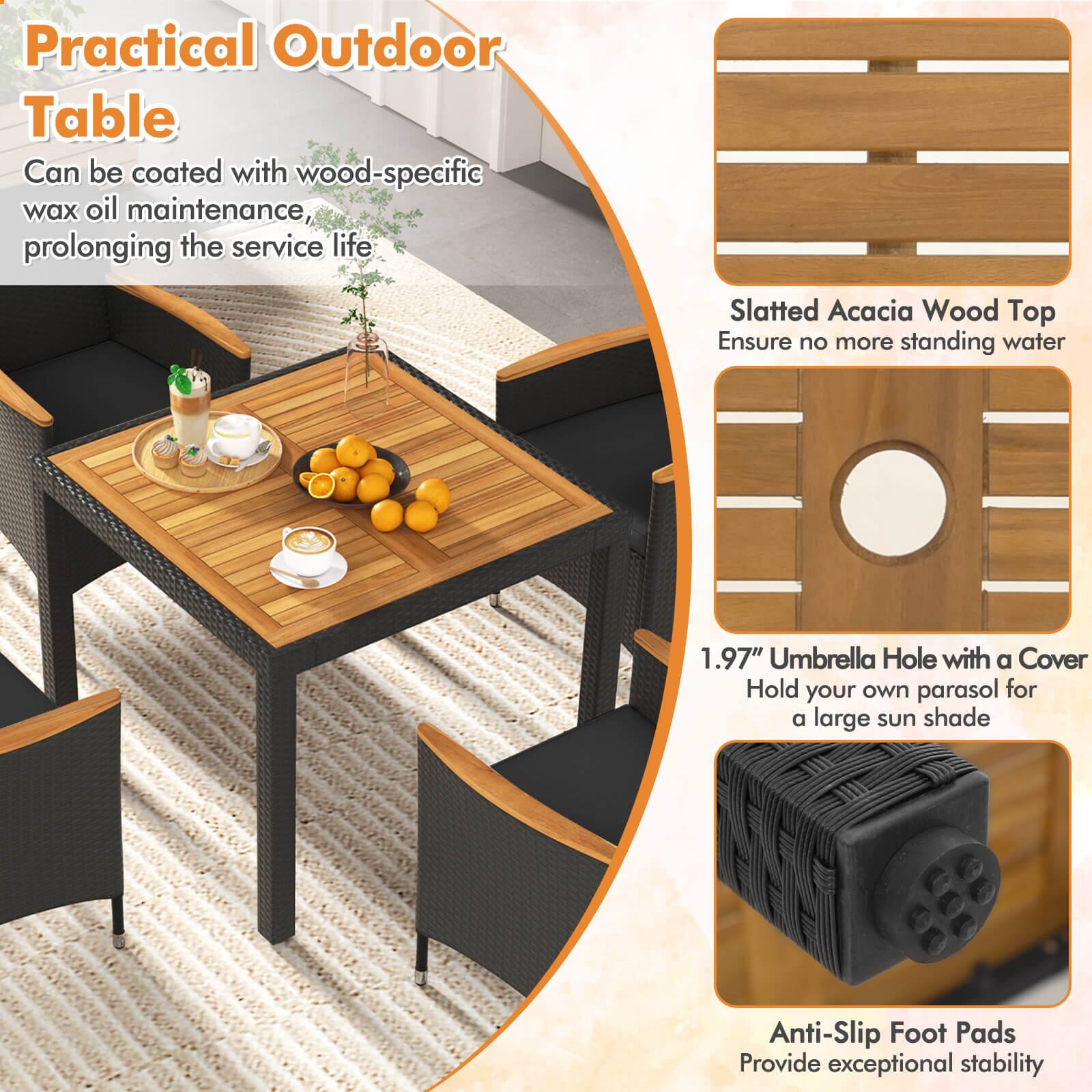 Practical Outdoor Table

- Can be coated with wood-specific wax oil maintenance, prolonging the service life
- Slatted Acacia Wood Top: Ensure no more standing water
- 1.97" Umbrella Hole with a Cover: Hold your own parasol for a large sun shade
- Anti-Slip Foot Pads: Provide exceptional stability