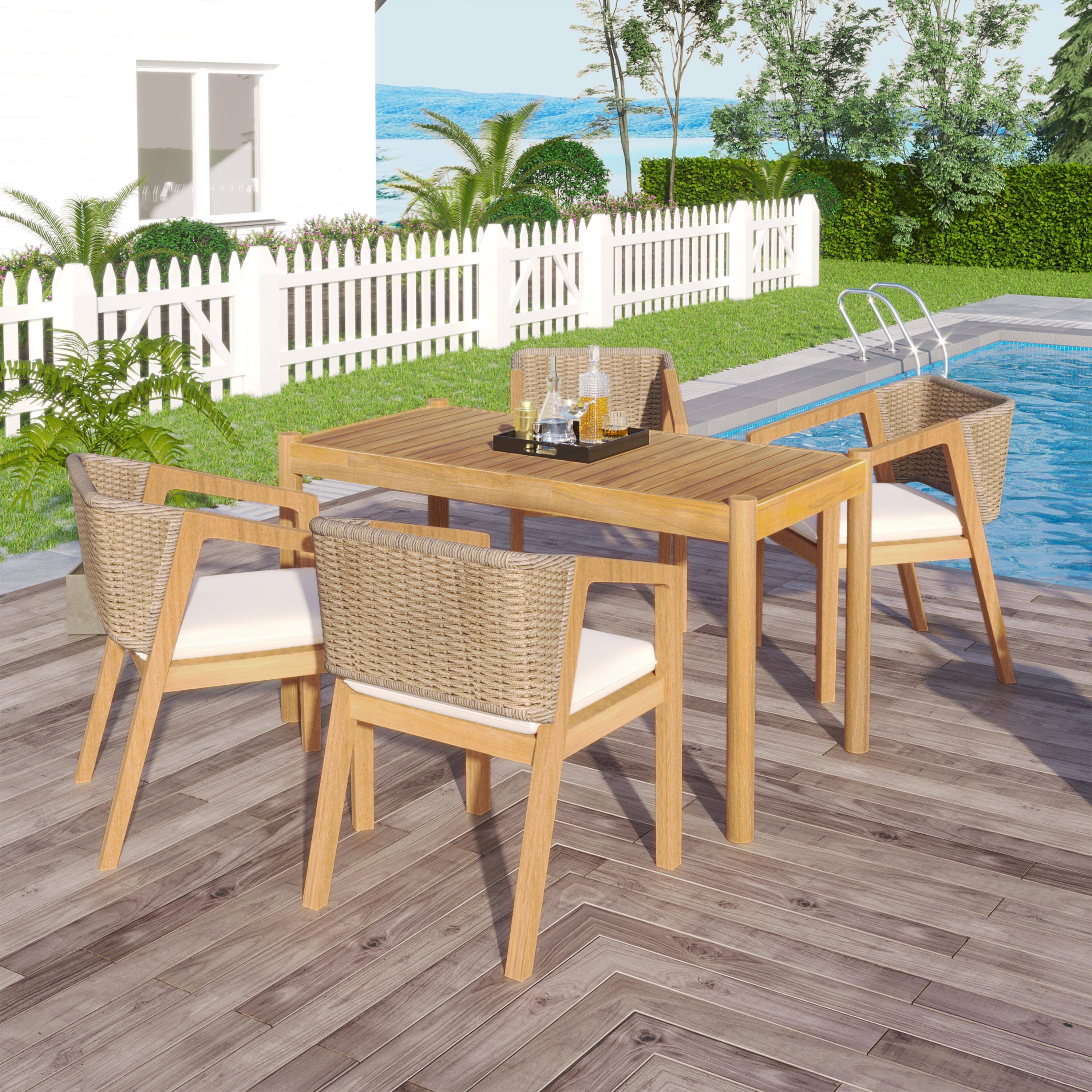 Left. Whisen - 5-Piece Outdoor Acacia Wood Dining Set - 1 Table and 4 Cushioned Chairs - Light Teak|Beige.