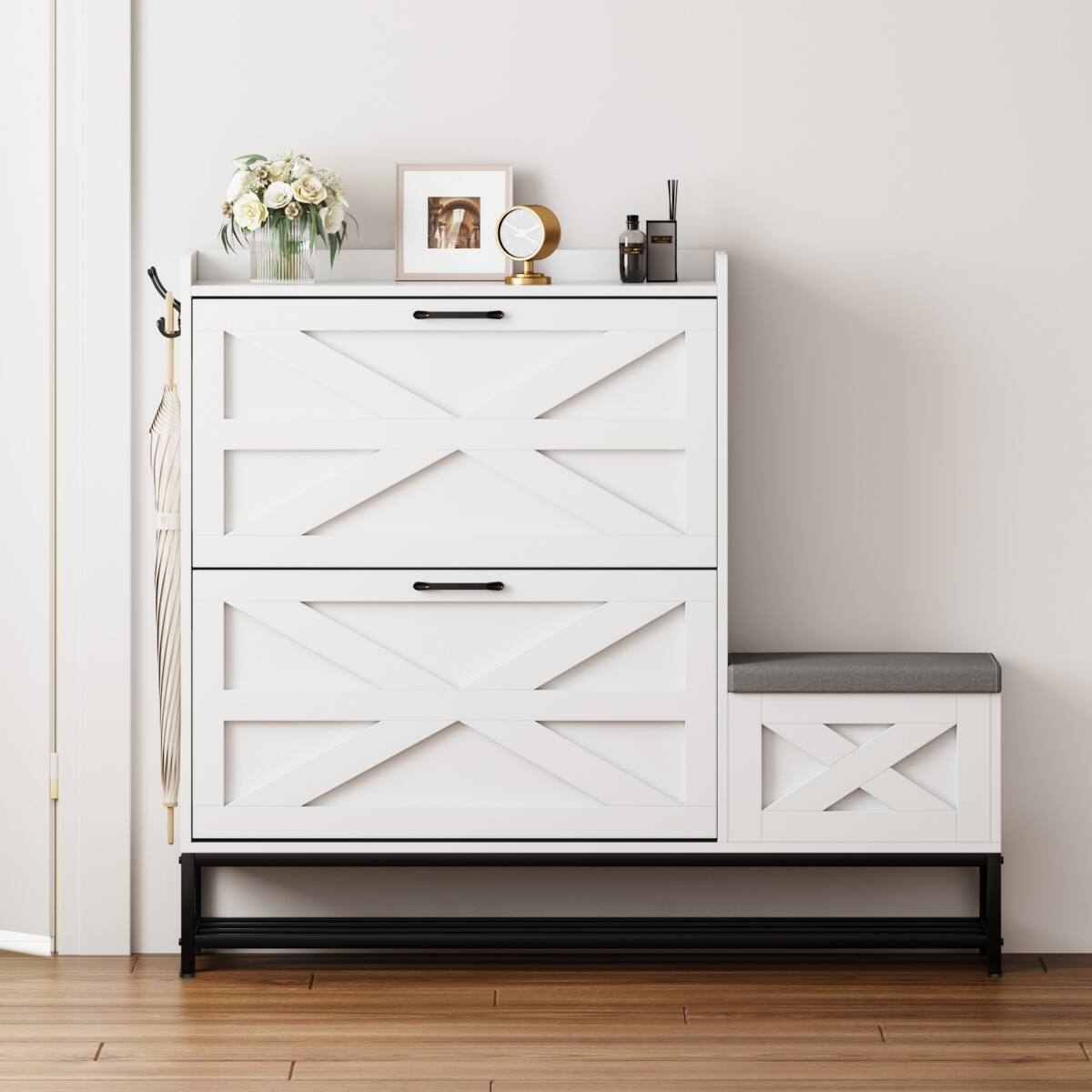 Back. HTUTWOO - Farmhouse Shoe Cabinet with Built-In Bench – Large Capacity 16-Pair Storage Organizer for Entryway & Small Spaces - White.