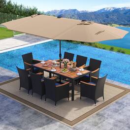 Gymax - 11 PCS Patio Dining Set w/ 15ft Double-Sided Patio Umbrella (Base Included) - Coffee