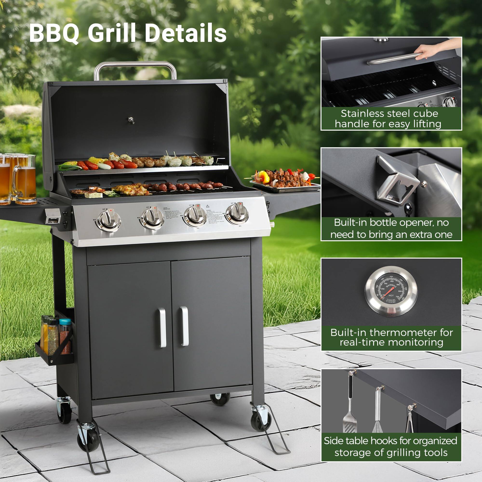 BBQ Grill Details

- Stainless steel cube handle for easy lifting
- Built-in bottle opener, no need to bring an extra one
- Built-in thermometer for real-time monitoring
- Side table hooks for organized storage of grilling tools