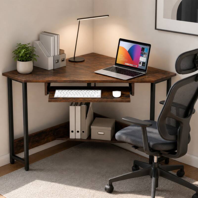 Angle. WELLFOR - Triangle Computer Desk with Charging Station & Keyboard Tray, Corner Desk, Writing desk for Small Spaces - Rustic Brown.
