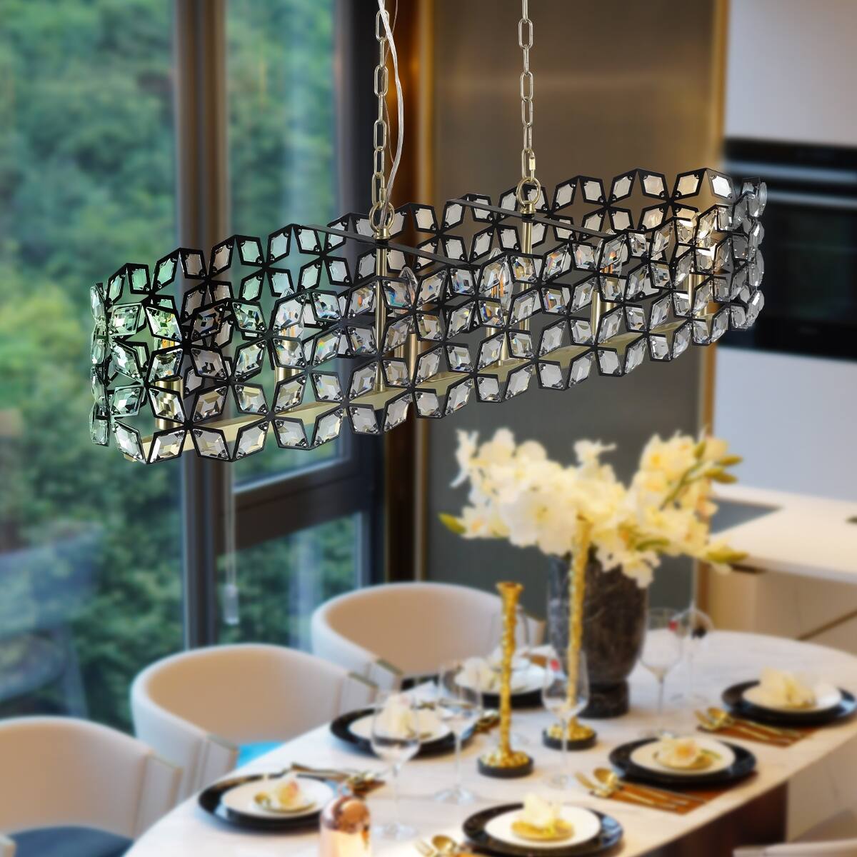 Loheer Crystal Pendant Chandelier, Black and Gold Geometric Modern ...