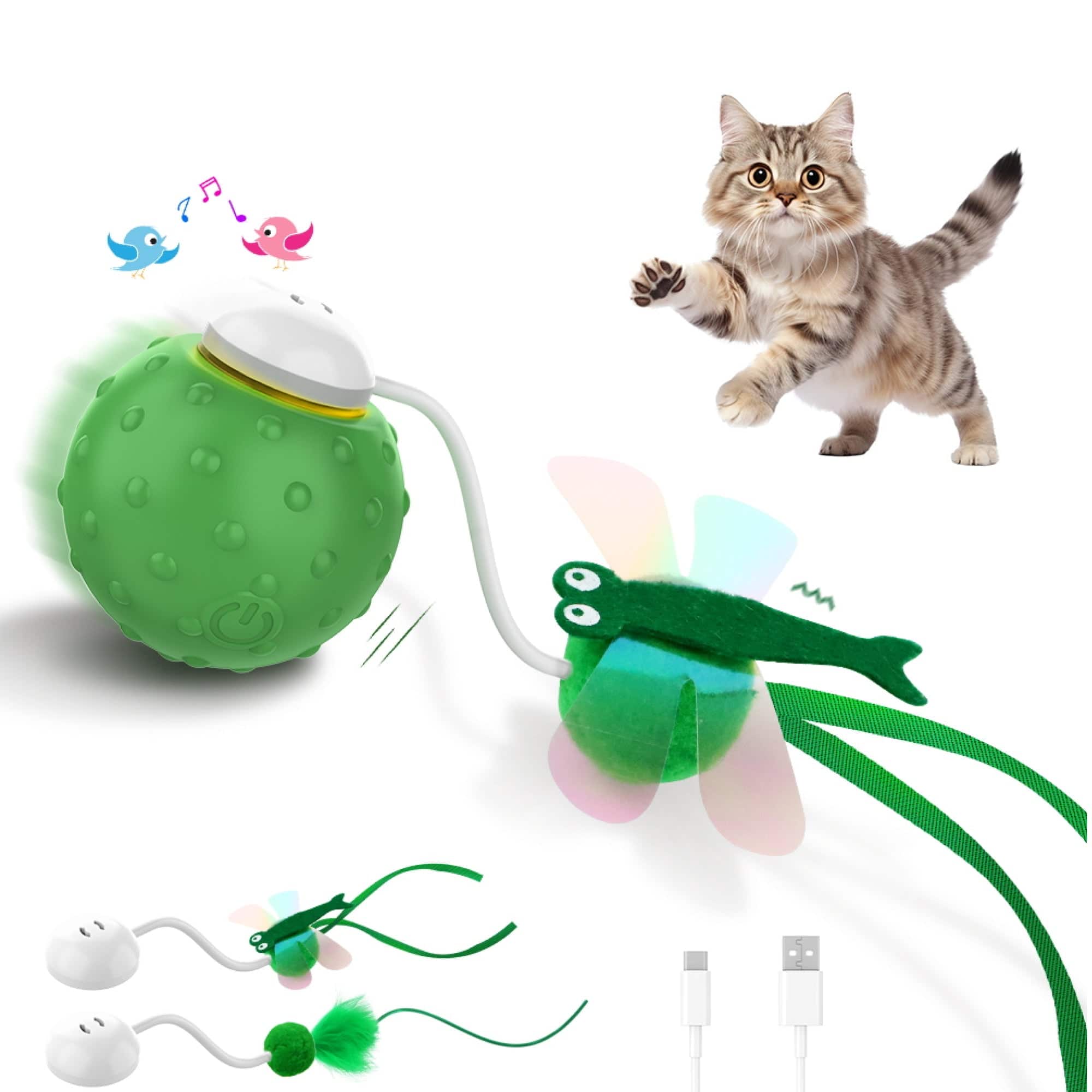 PawsPik - Dragonfly Spinning Ball Electronic Battery-Operated Cat Toy - Green