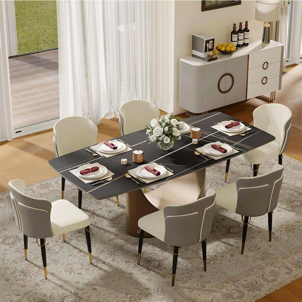 Angle. POVISON - Modern Upholstered Dining Chairs Set of 2, Wingback Leather Side Chairs, Gray & Beige - Gray & Beige.