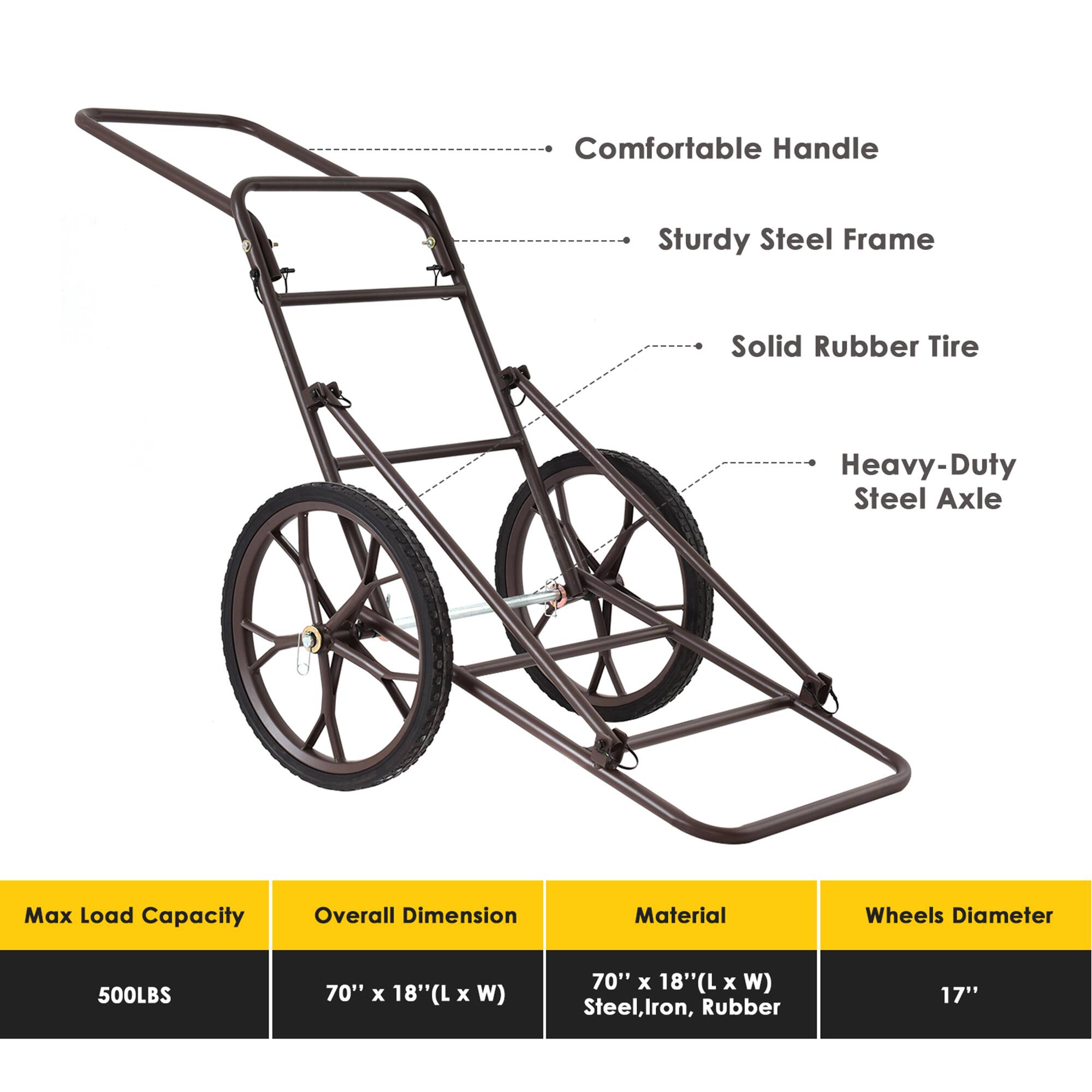 - Comfortable Handle
- Sturdy Steel Frame
- Solid Rubber Tire
- Heavy-Duty Steel Axle

Max Load Capacity: 500LBS

Overall Dimension: 70" x 18" (L x W)

Material: Steel, Iron, Rubber

Wheels Diameter: 17"