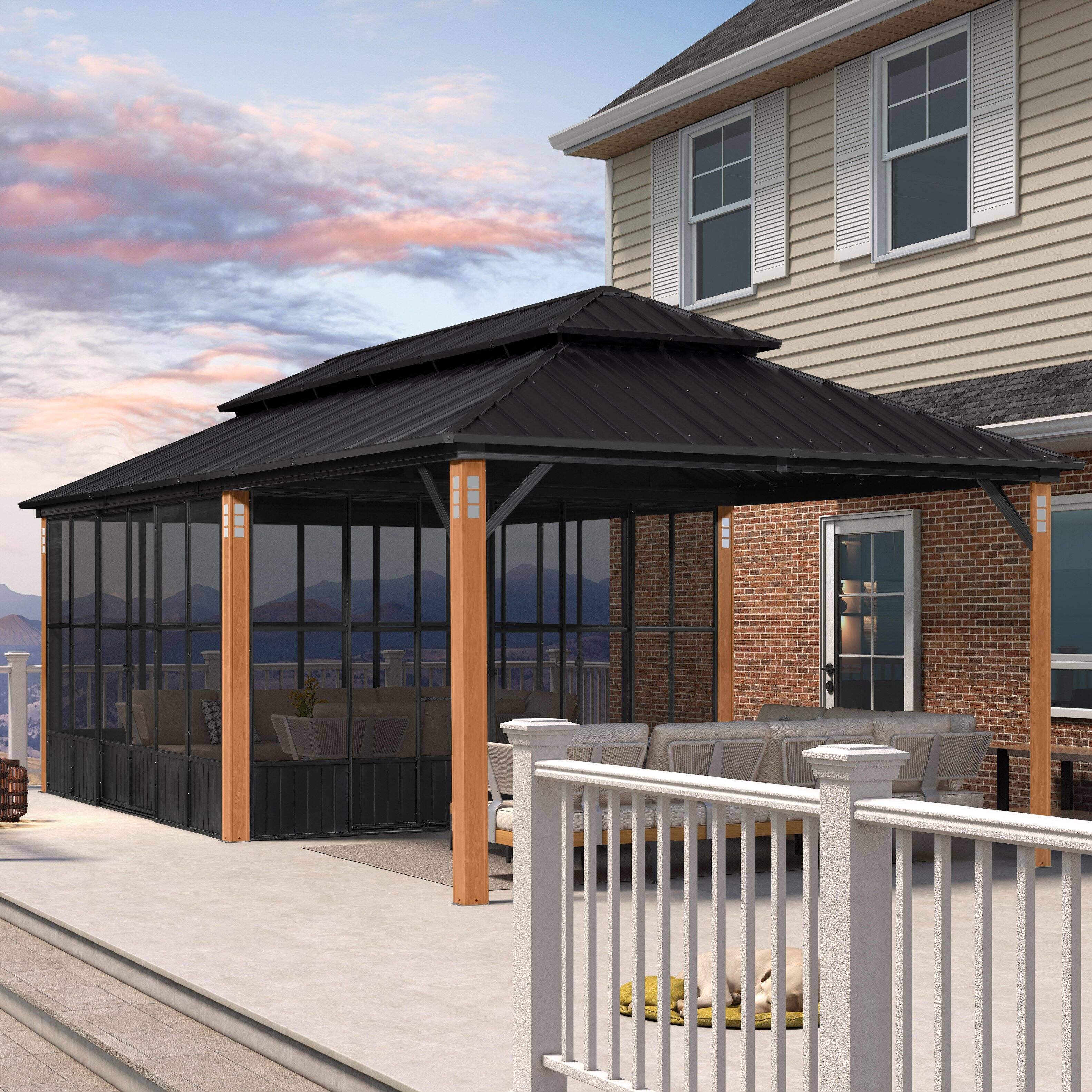 Angle. PURPLE LEAF - Sunroom Outdoor Hardtop Gazebo  Wood Grain Aluminum Frame Galvanized Steel Double Roof All-Weather Screen House - 12' X 24'.
