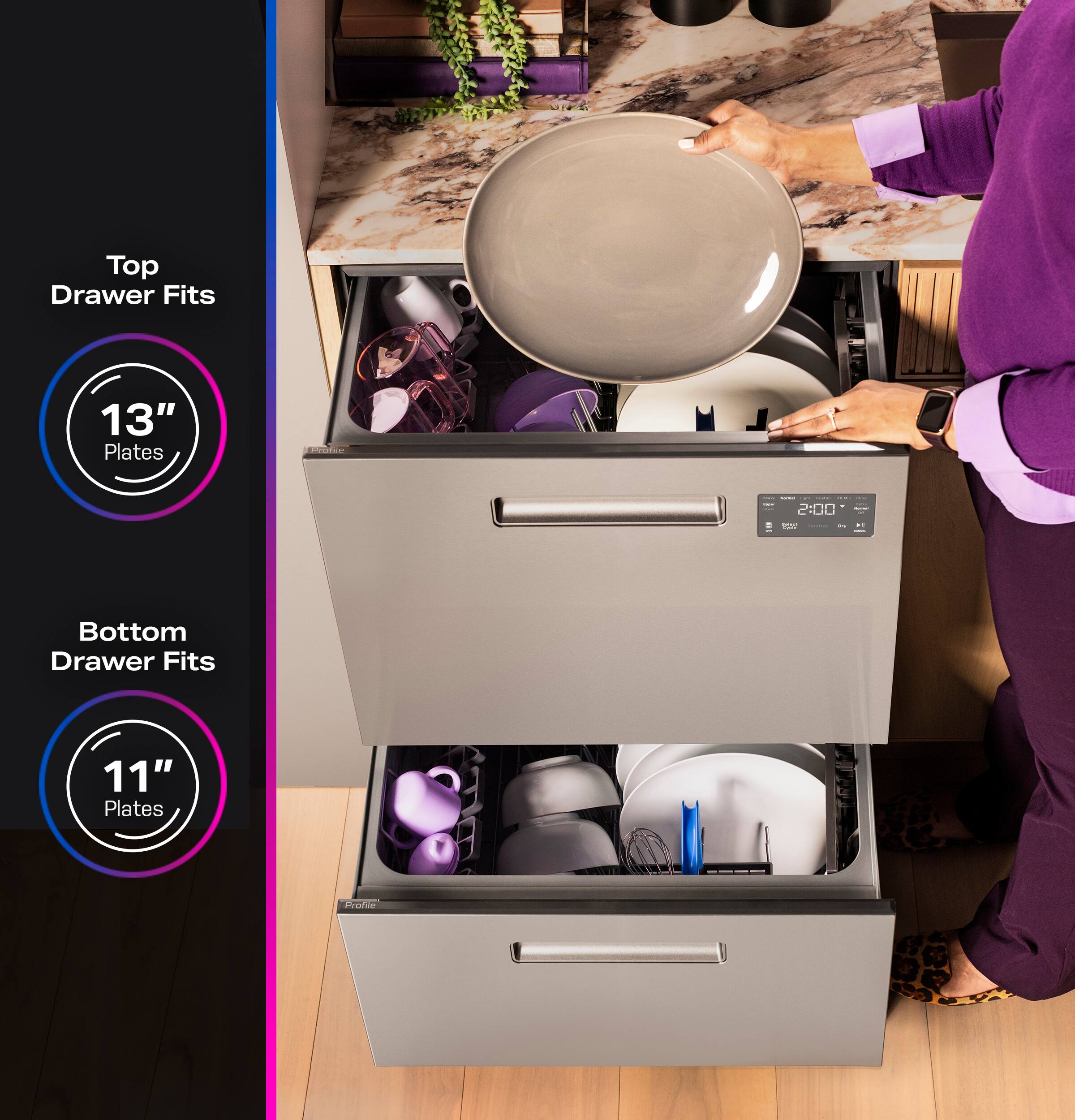 Top Drawer Fits  
13" Plates  

Bottom Drawer Fits  
11" Plates