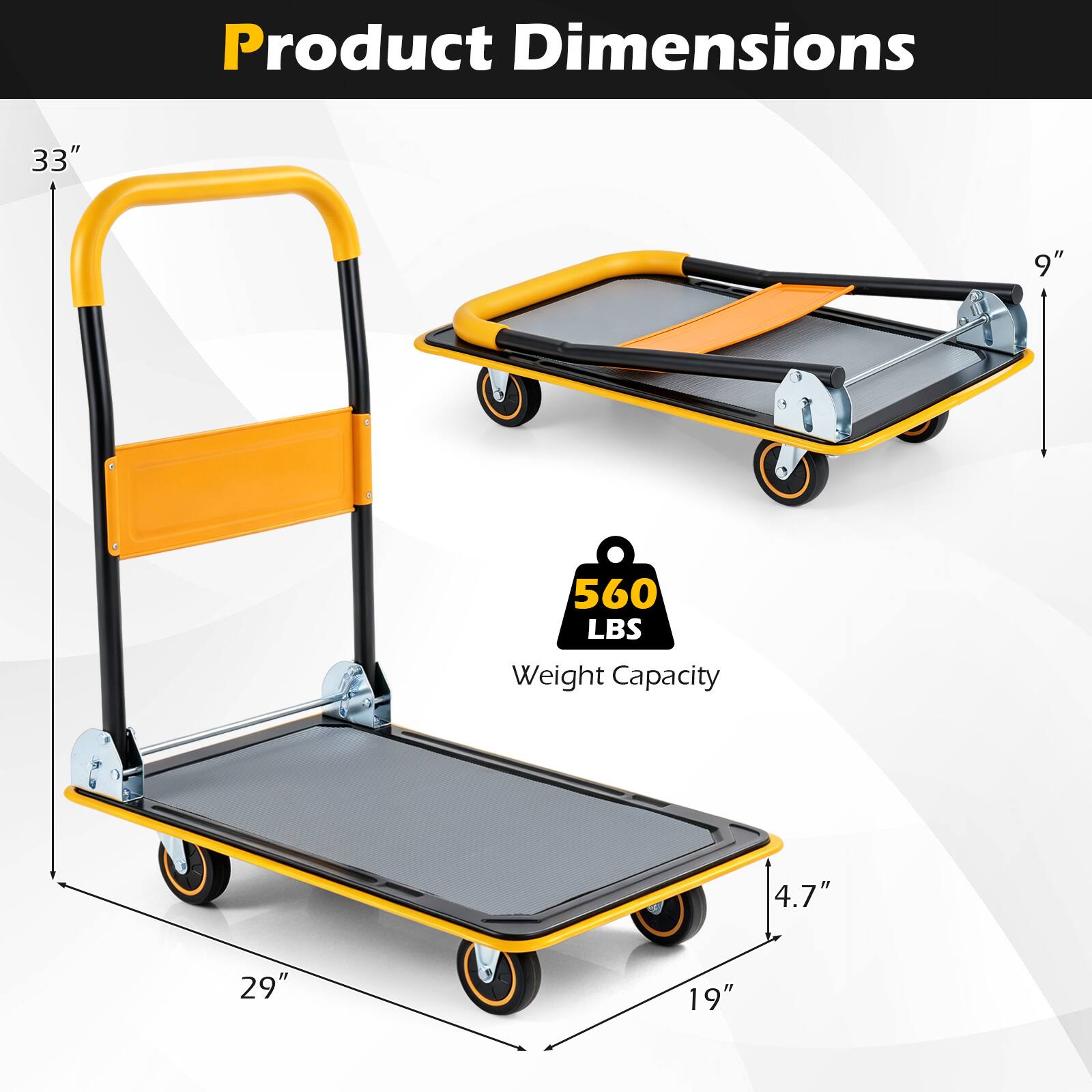 Product Dimensions: 33" x 9" x 29" x 19"  
Weight Capacity: 560 LBS
