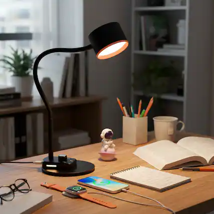 Front. Dazzed Corner - LED Desk Lamp with USB Ports, 5 Dimmable Colors & Gooseneck - Black.