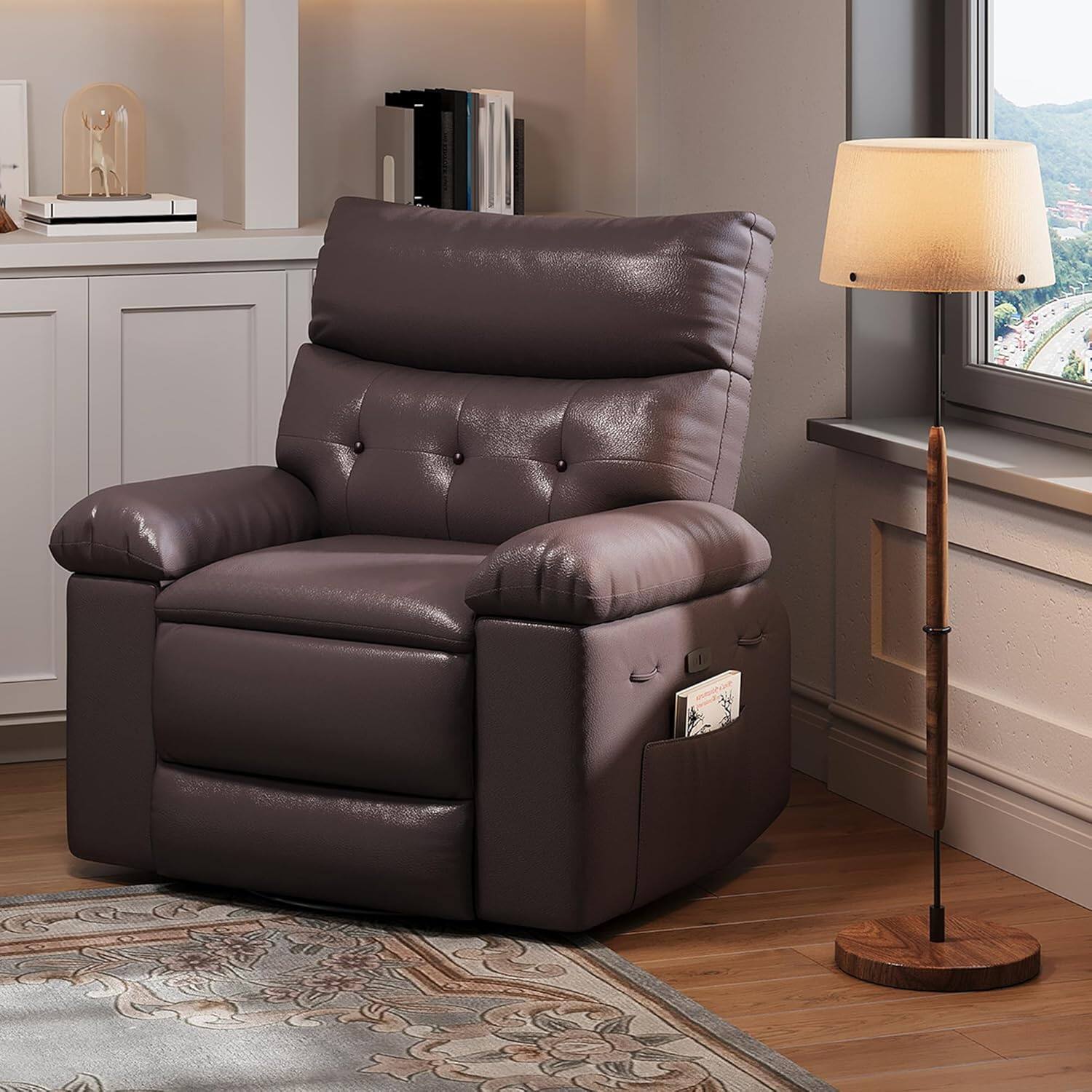 Left. Acekool - Recliner Chair, PU Leather Electric Reclining Sofa, 270° Swivel Home Theater Seating, Single Sofa Seat Lounge Chair - Coffee.