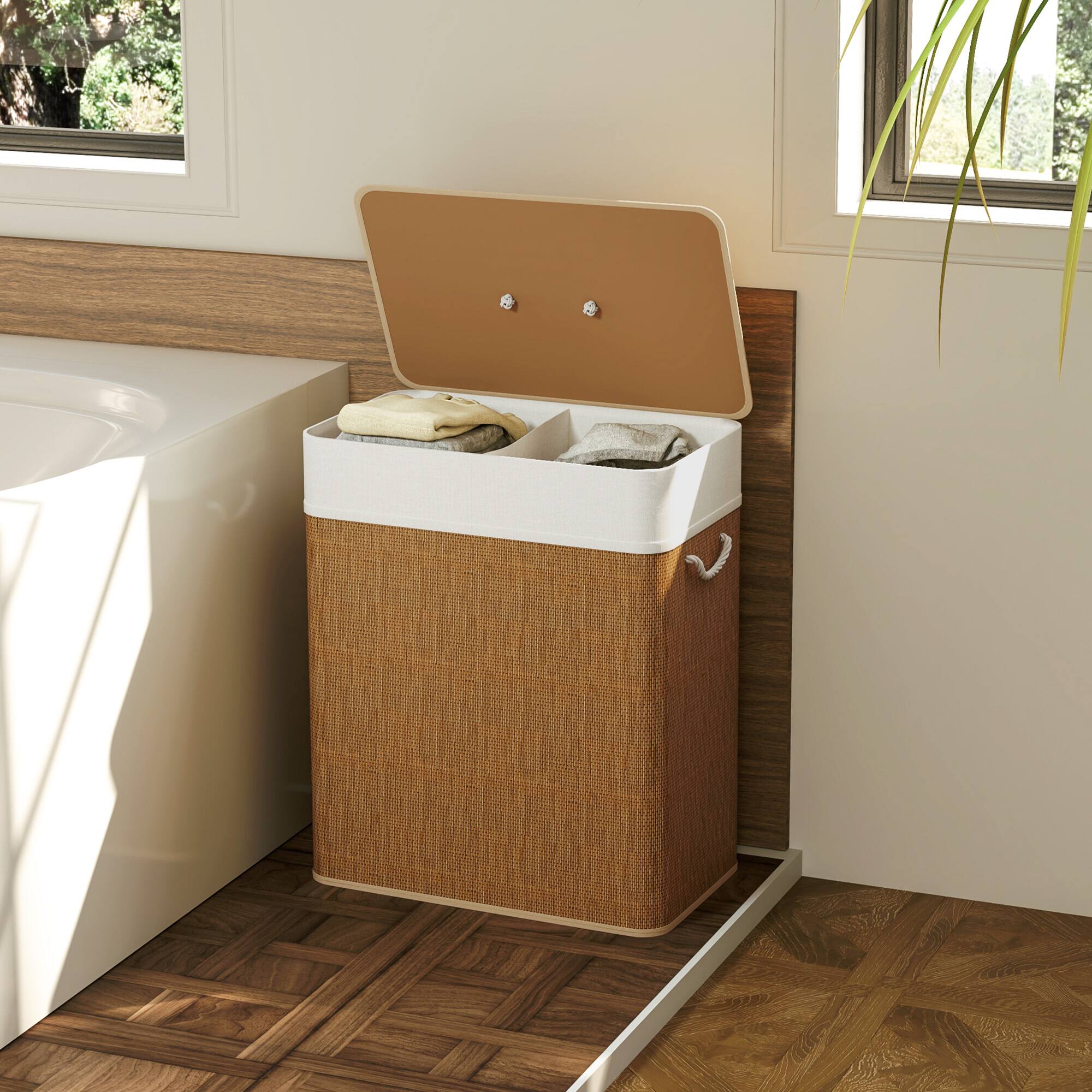 Alt View 7. Homcom - Double Laundry Basket w/ 26.4 Gal Capacity, Bamboo Lid & Removable Liner - Brown.