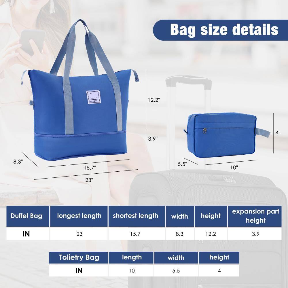 Bag size details

Duffel Bag
- Longest length: 23"
- Shortest length: 15.7"
- Width: 8.3"
- Height: 12.2"
- Expansion part height: 3.9"

Toiletry Bag
- Length: 10"
- Width: 5.5"
- Height: 4"