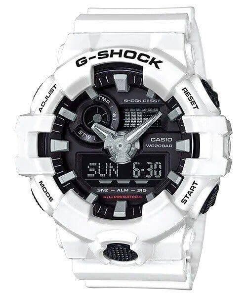 G-SHOCK  
ADJUST  
TMR  
SHOCK RESIST  
RESET  
WT  
STW  
CASIO  
WR20BAR  
MODE  
SUN 6-30  
SNZ - ALM - SIG  
ILLUMINATOR  
START