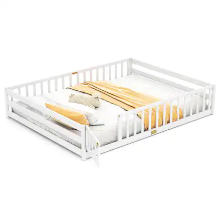 Front. Costway - Costway Queen Size Floor Bed with Full Length Safety Guardrails & Door for Boys, Girls - White.
