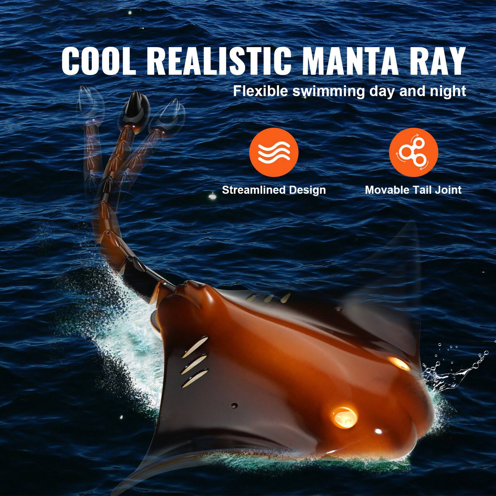 COOL REALISTIC MANTA RAY  
Flexible swimming day and night  

Streamlined Design  
Movable Tail Joint