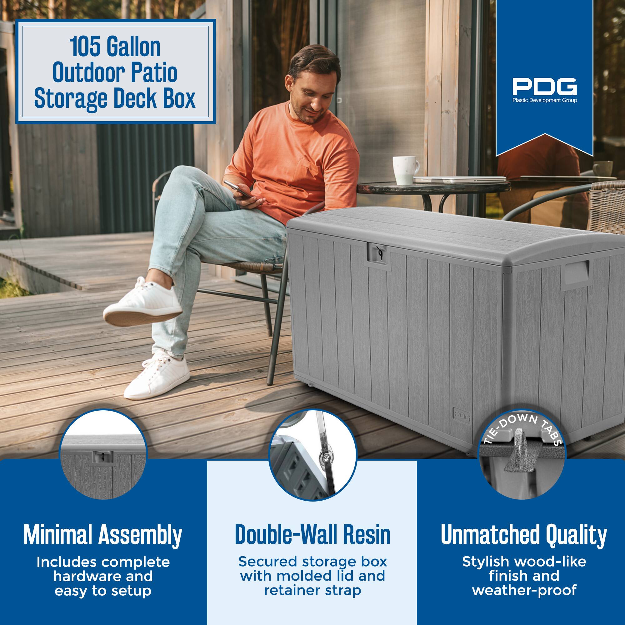 105 Gallon Outdoor Patio Storage Deck Box

PDG Plastic Development Group

Minimal Assembly
Includes complete hardware and easy to setup

Double-Wall Resin
Secured storage box with molded lid and retainer strap

Unmatched Quality
Stylish wood-like finish and weather-proof

Tie-Down Tabs