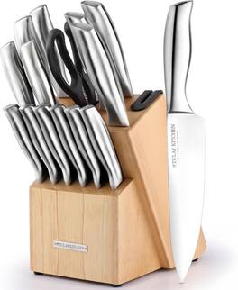 Zulay Kitchen - 15 Piece Stainless Steel Knife Set with Block and Sharpener - Light Brown