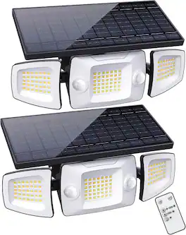 Adewalk - 270 Degree 3 Head Solar Flood Light IP67 Waterproof Motion Sensor Remote Security Light for Garage Yard 2pack - White