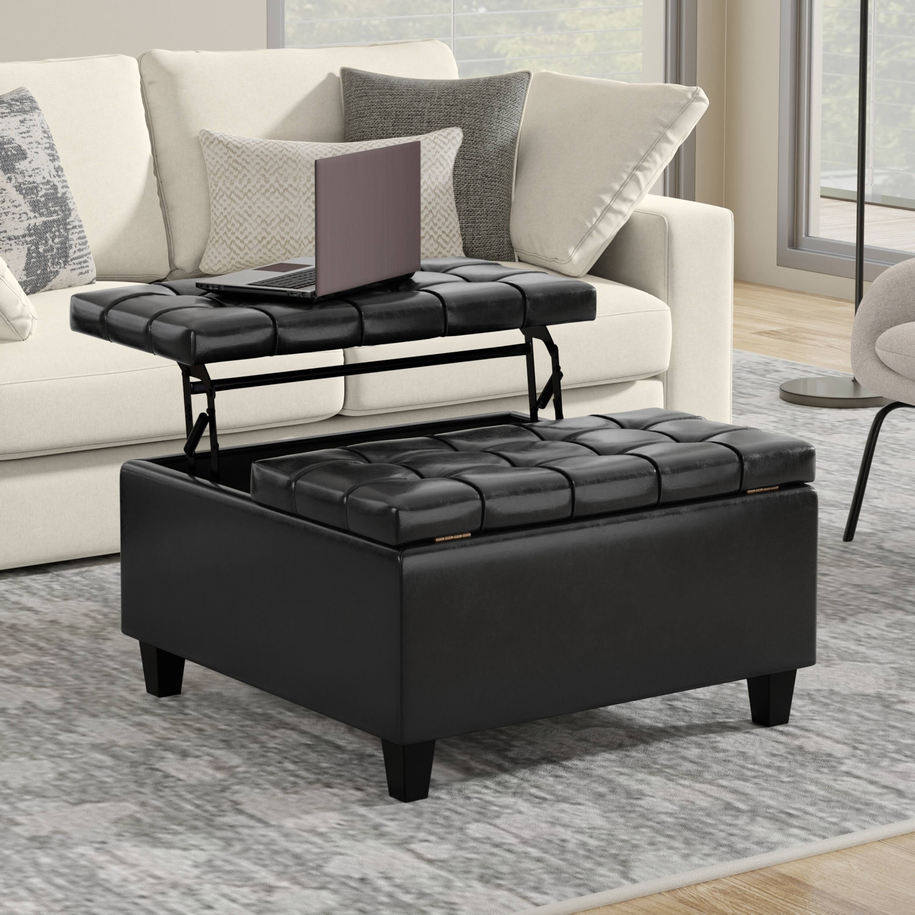 Angle. Simpli Home - Harrison 30 inch Wide Small Square Coffee Table Storage Ottoman in Midnight Black Vegan Leather - Midnight Black.