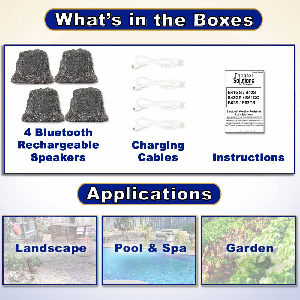 What's in the Boxes

- 4 Bluetooth Rechargeable Speakers
- Charging Cables
- Instructions

Applications

- Landscape
- Pool & Spa
- Garden

Theater Solutions  
B41GG / B42S / B43GR / B61GG / B62S / B63GR  
Bluetooth Weather Resistant Rock Speakers
