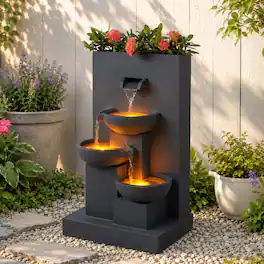 Teamson Home - 29.13" Outdoor Water Fountain with Planter, LED Lights, Matte Gray
