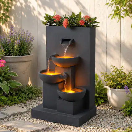 Front. Teamson Home - Teamson Home 29.13" Outdoor Water Fountain with Planter, LED Lights, Matte Gray.