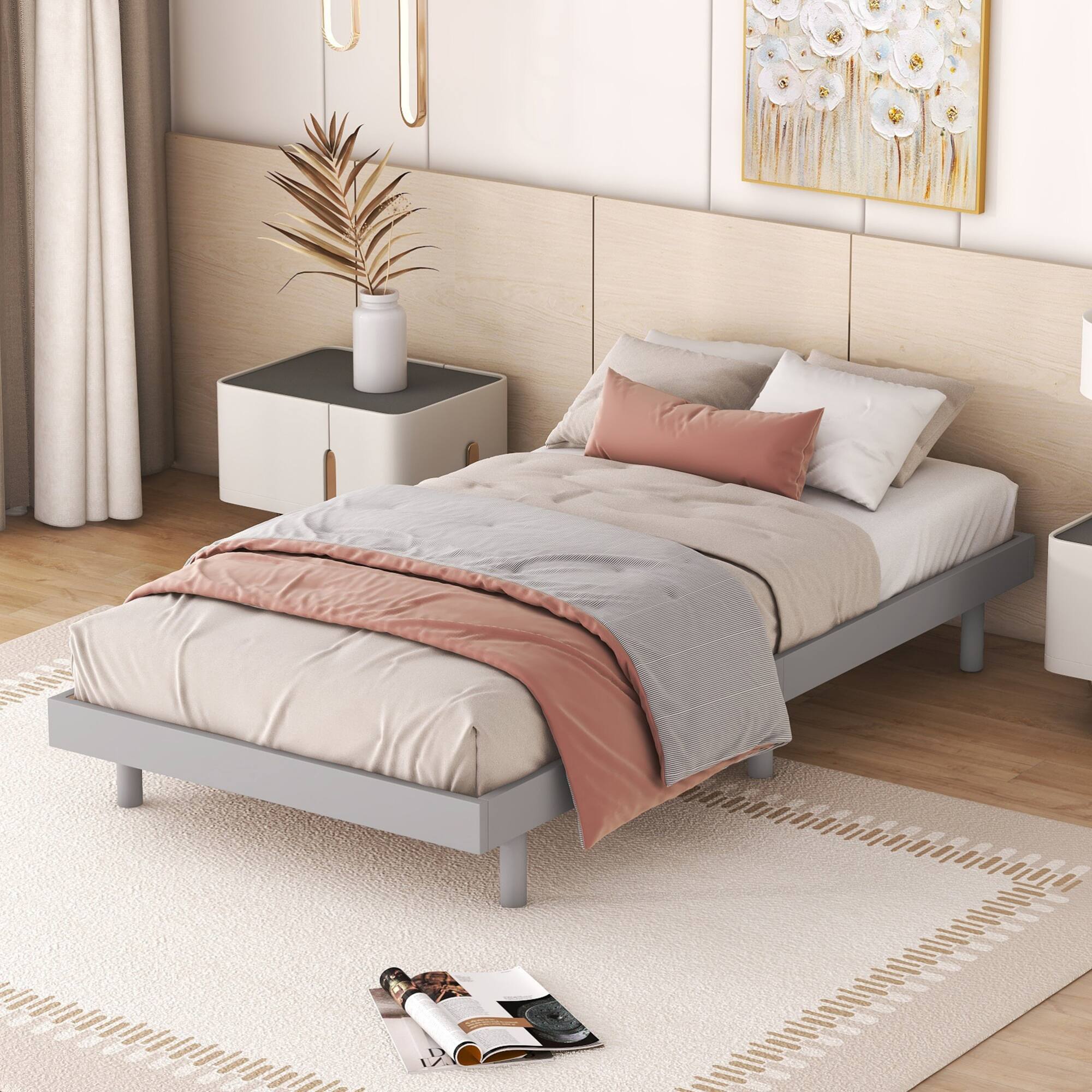 Angle. GOODSILO - Modern Twin Size Floating Platform Bed Frame with Clean Design and Sturdy Construction - Grey.