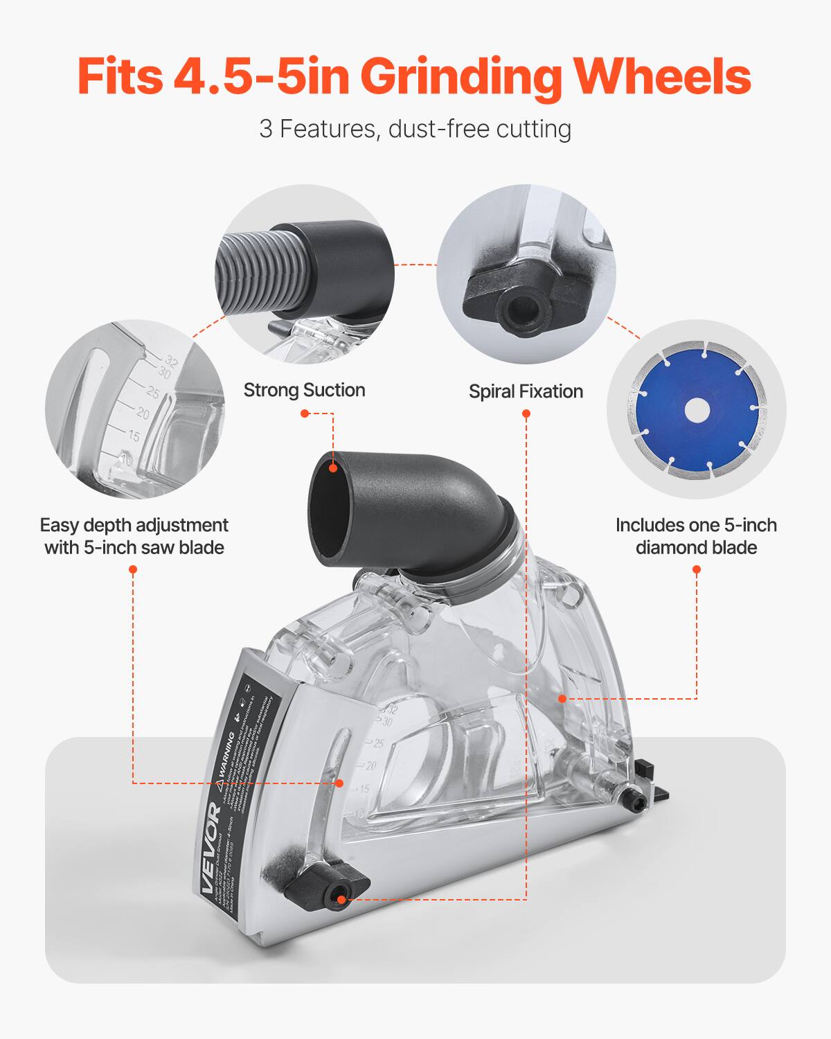 Fits 4.5-5in Grinding Wheels  
3 Features, dust-free cutting  
- Strong Suction  
- Spiral Fixation  
- Easy depth adjustment with 5-inch saw blade  
- Includes one 5-inch diamond blade  

WARNING