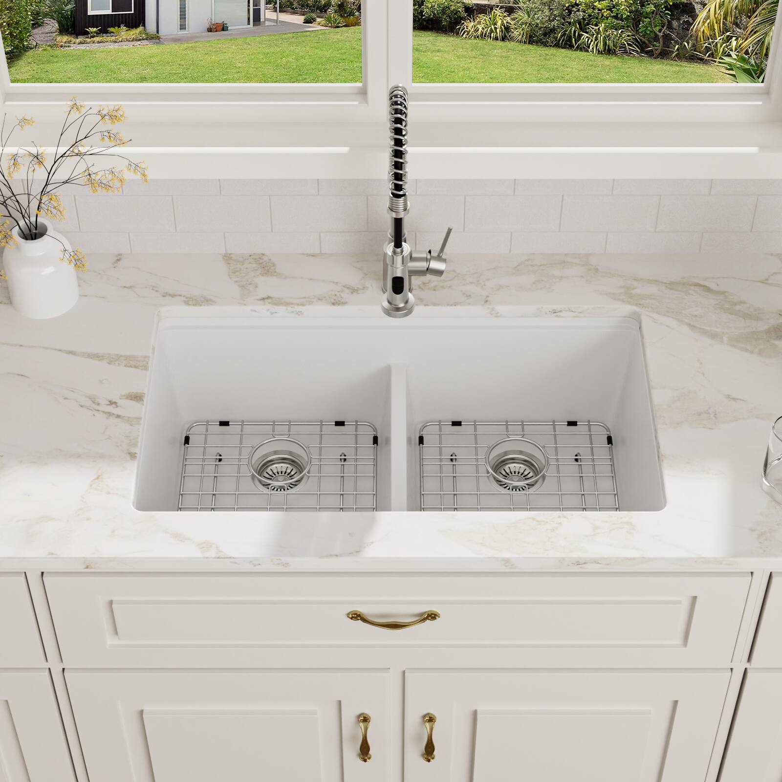 Back. Lordear - 33x19x10 Inch White Granite Composite Undermount kitchen Sink 50/50 Double Bowl Quartz Kitchen Sink - White.