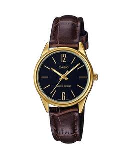 Casio - Women’s Black Dial Gold-Tone Case Leather Strap Watch - LTP-V005GL-1BUDF - Brown