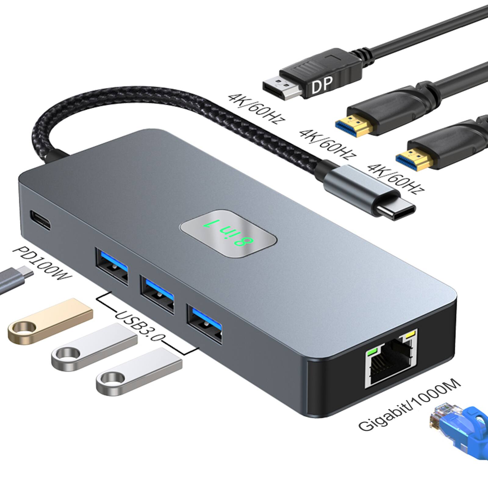 PD100W USB3.0 DP 4K/60Hz  
4K 60Hz  
1 Gigabit/1000M