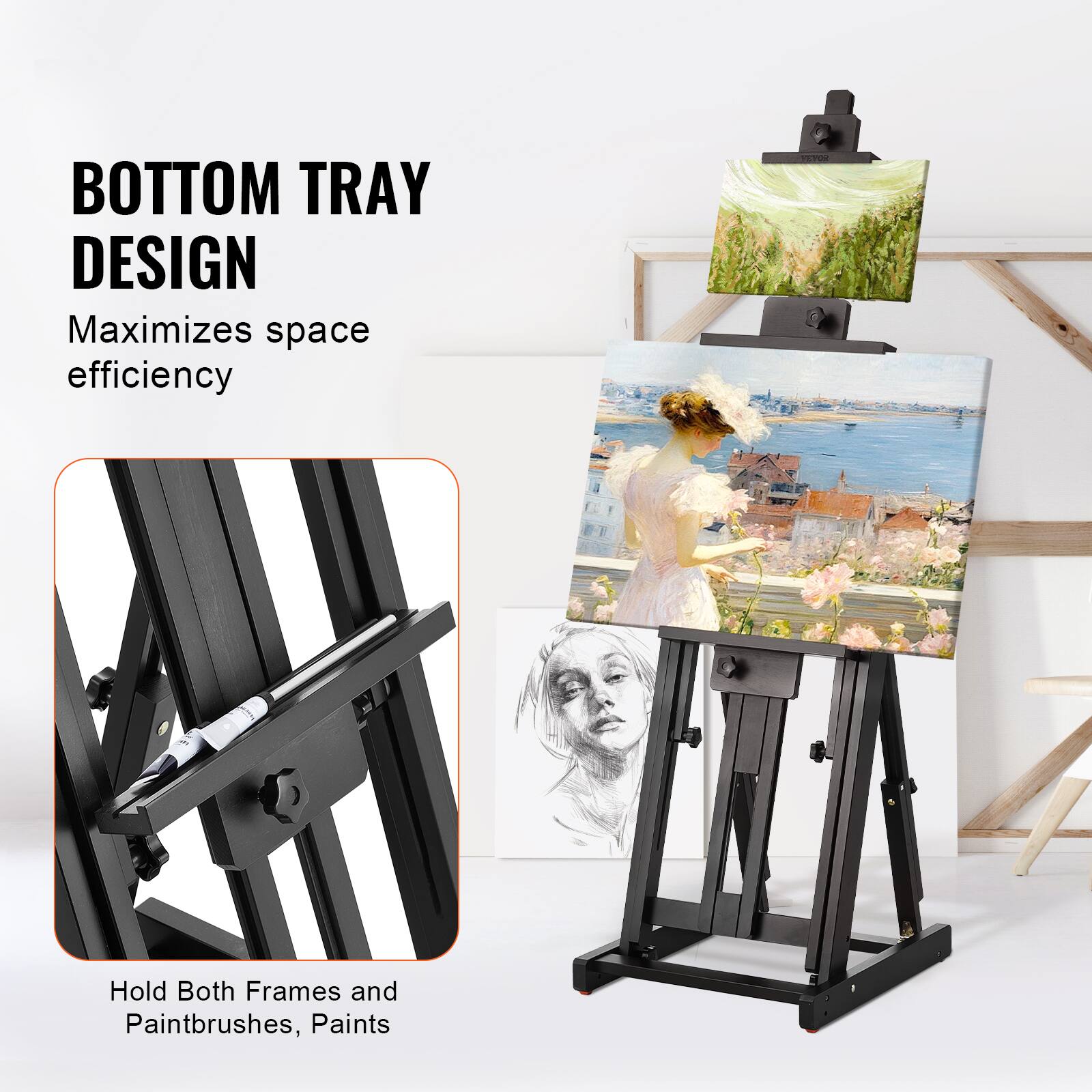 BOTTOM TRAY DESIGN  
Maximizes space efficiency  

Hold Both Frames and Paintbrushes, Paints