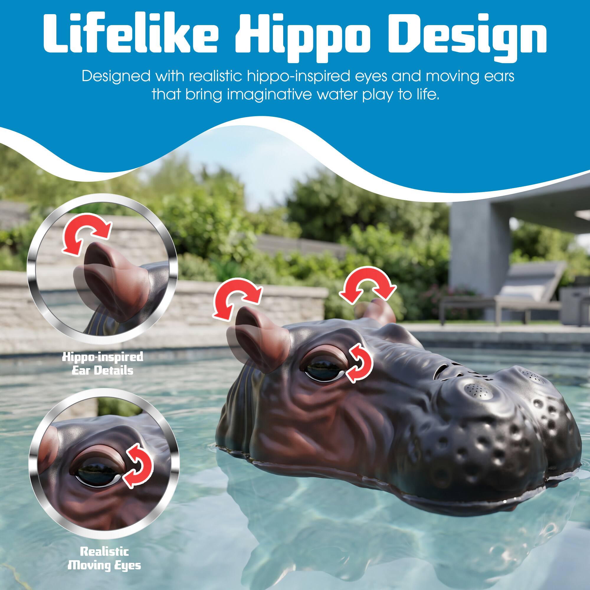 Lifelike Hippo Design  
Designed with realistic hippo-inspired eyes and moving ears that bring imaginative water play to life.

- Hippo-inspired Ear Details
- Realistic Moving Eyes