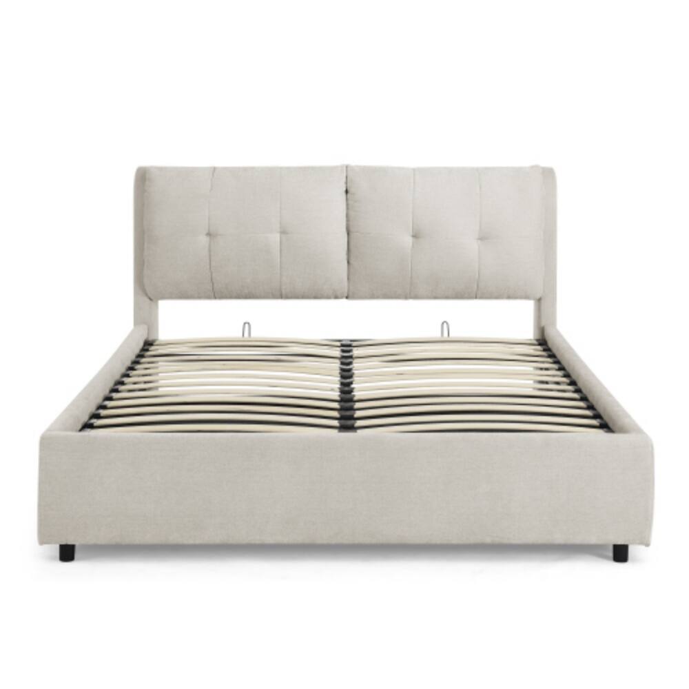 Alt View 3. LUCKY ONE - Queen Size Storage Upholstered Hydraulic Platform Bed with Integrated Headboard, Chenille Fabric, No Box Spring Needed - Beige.