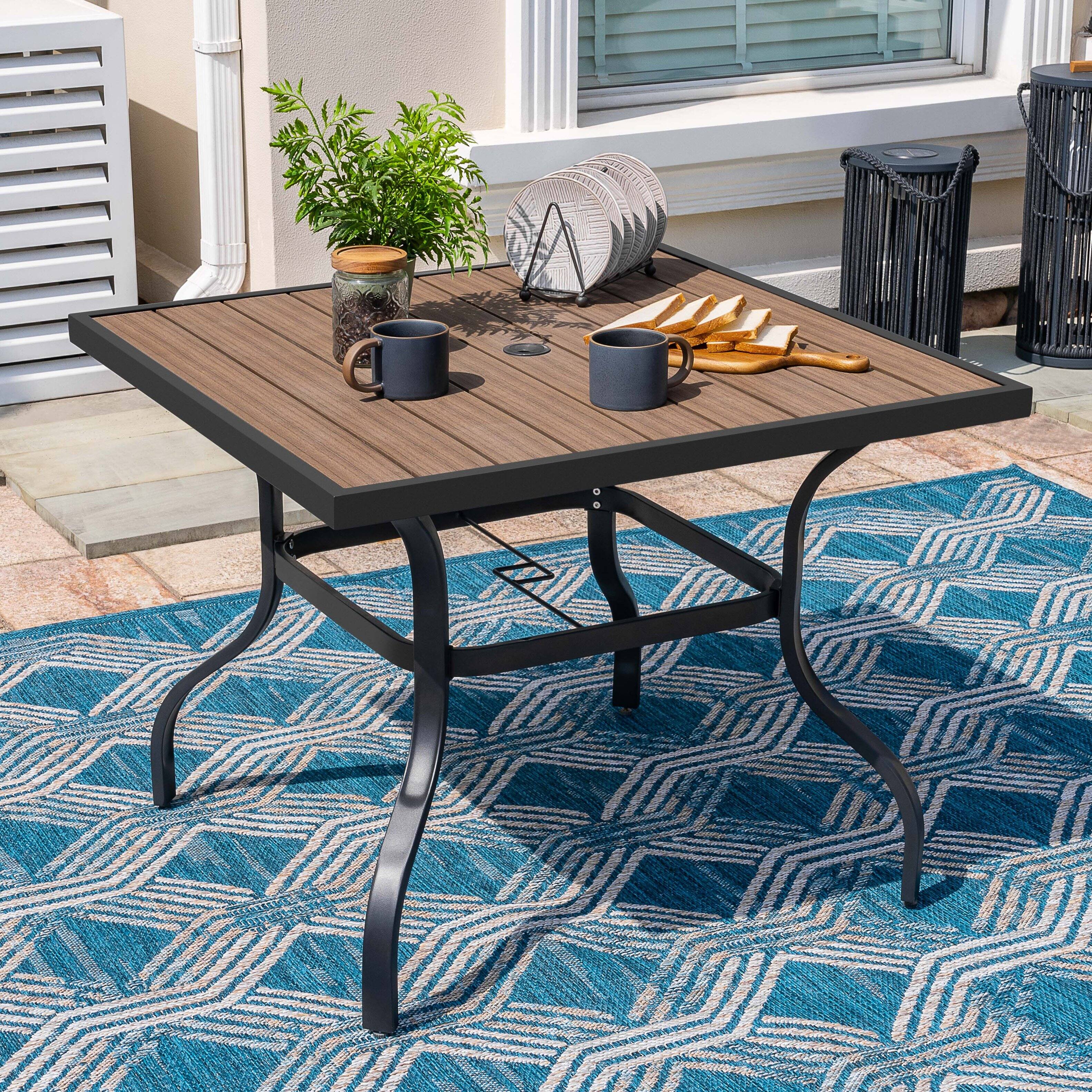 Left. Nuu Garden - Patio Square Dining Table with Umbrella Hole, Wood-Grain Tabletop - Black.