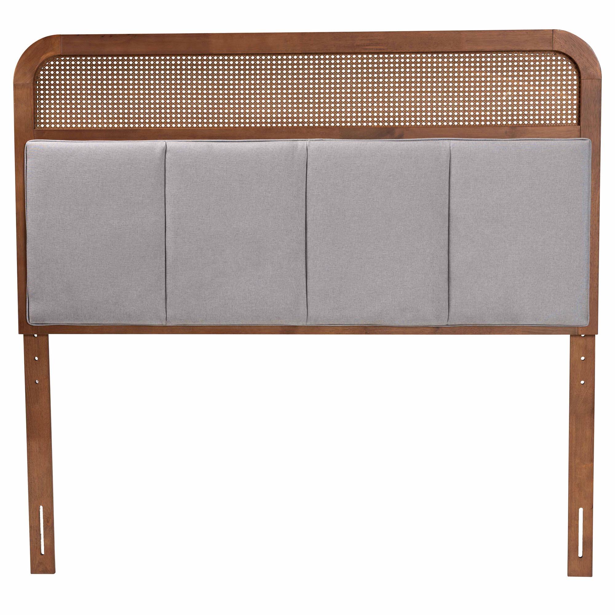 Angle. Baxton Studio - Esti Mid-Century Modern Fabric and Finished Wood Queen Size Headboard with Rattan - Light Grey/Ash Walnut.