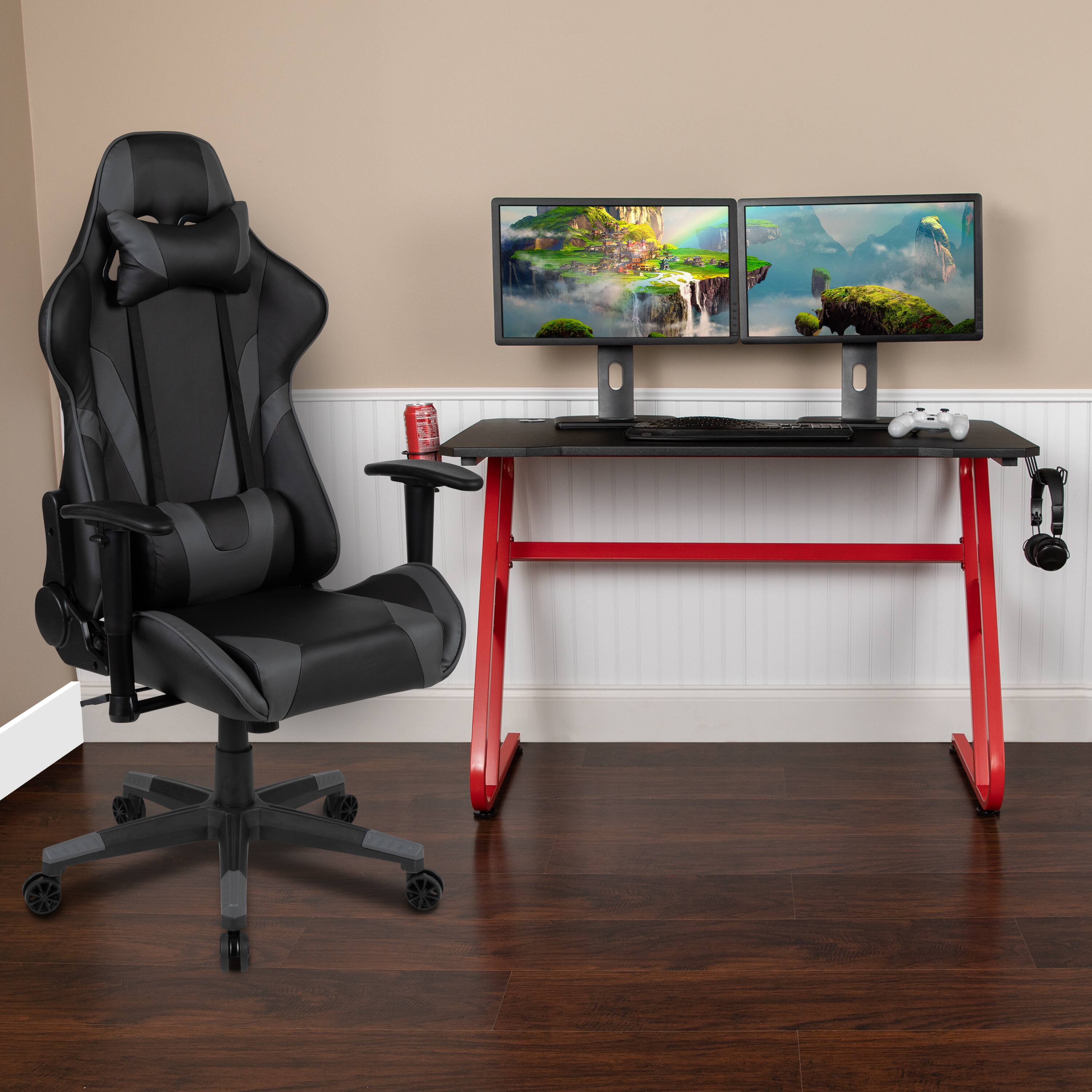 Alt View 1. Emma + Oliver - Desk Bundle-Gaming Desk, Cup Holder, Headphone Hook and Reclining Chair - Gray.