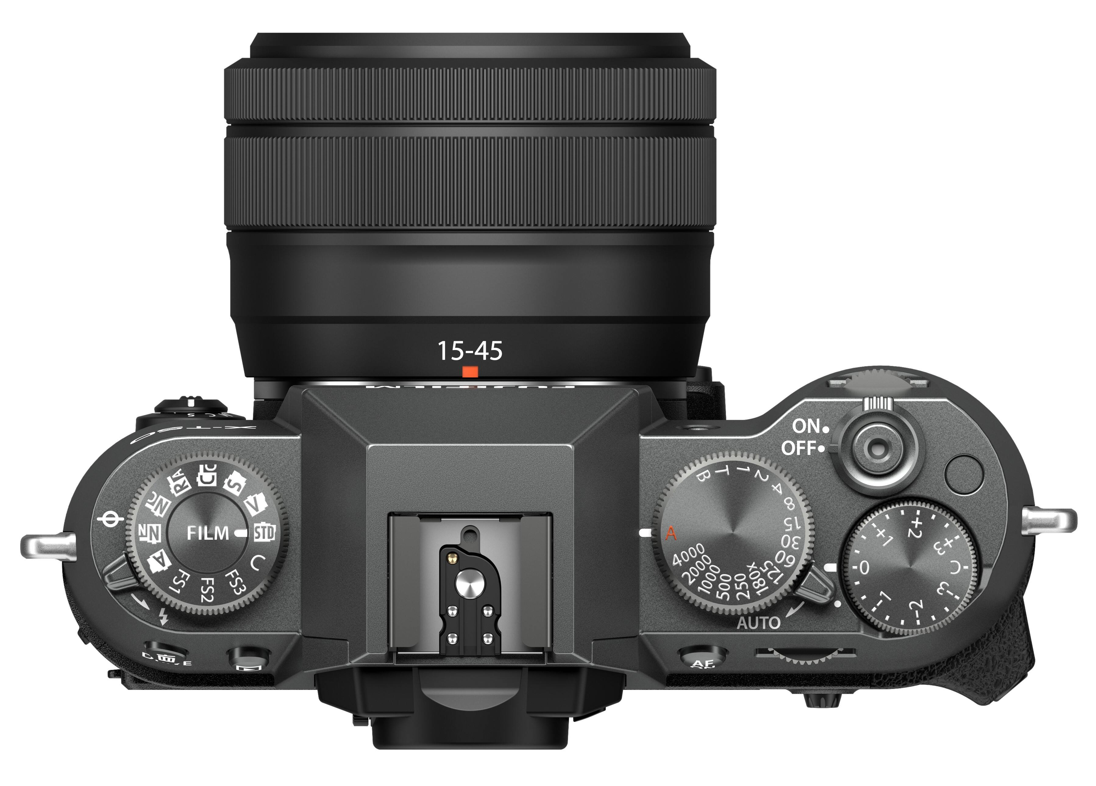 The image features a close-up of a camera lens, likely a digital camera, with a focus on the lens and the camera's controls. The camera has a 15-45mm lens, and the lens is surrounded by a black frame. The camera has a few buttons, including an ON/OFF switch, and a film speed dial. The lens is positioned in front of a white background, making it the main subject of the image.