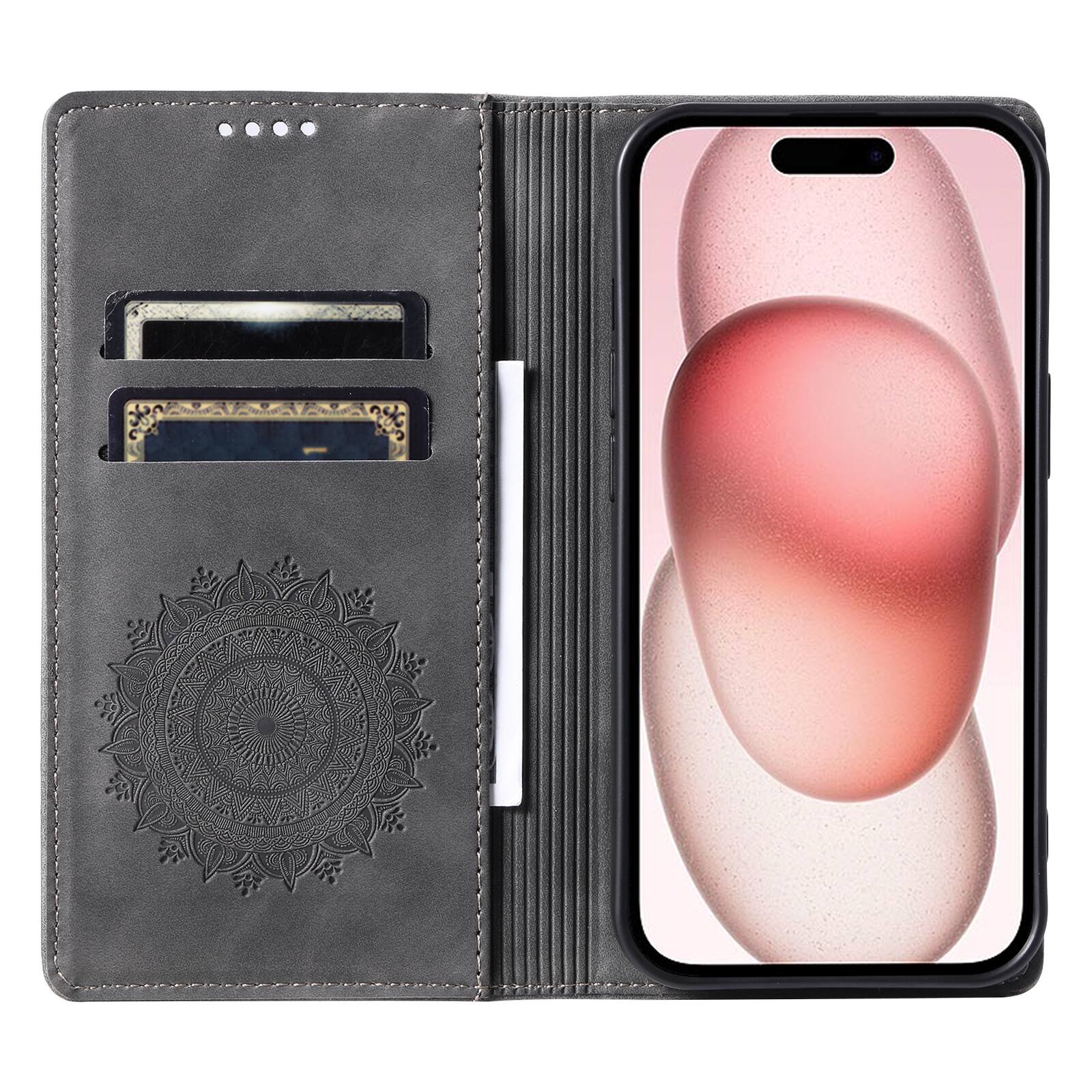 Left. Dteck - Magnetic Wallet Case For iPhone 18 Pro, Shockproof Embossed Card Cash Pocket Stand PU Leather Cover - Grey.