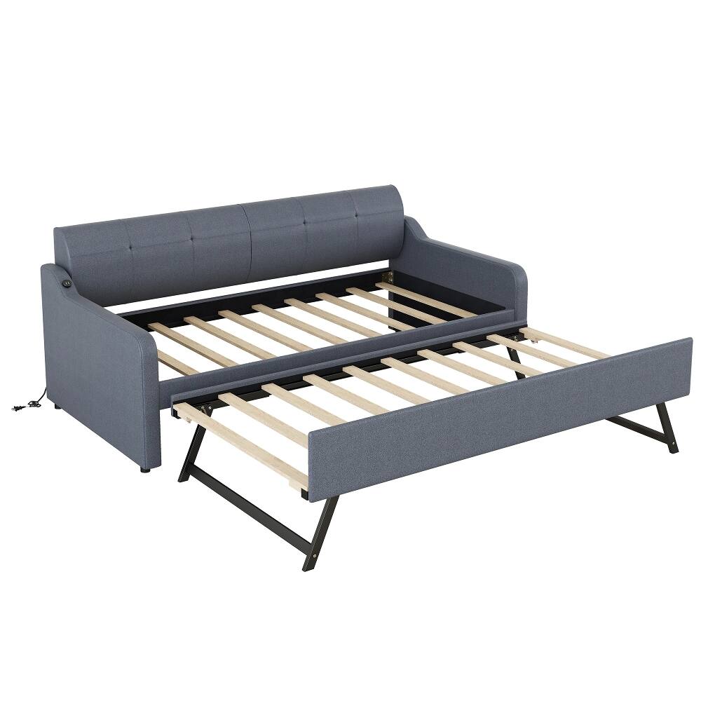 Alt View 6. Loheer - Loheer Twin Daybed with Pop-Up Trundle, Gray Upholstered Guest Bed with USB Port, Space-Saving Frame - Gray.