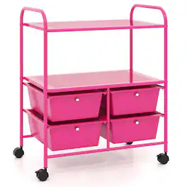Costway - Rolling Storage Cart with 4 Drawers & 2 Shelves Multipurpose Plastic Trolley on Wheels - Hot Pink