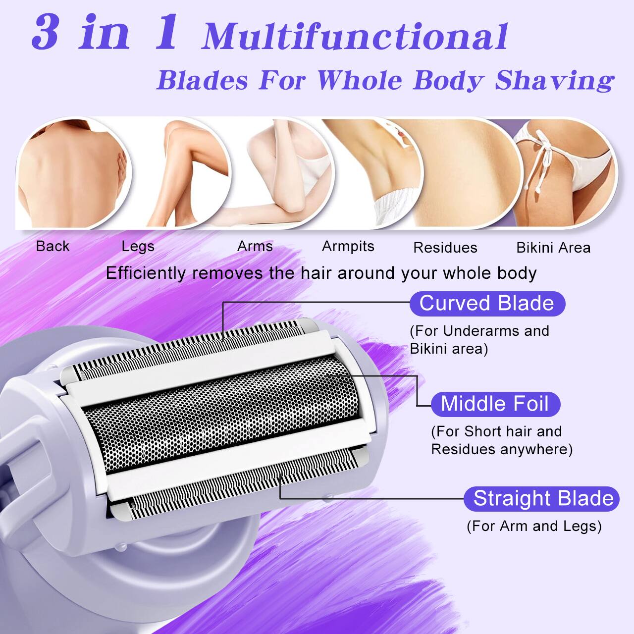 3 in 1 Multifunctional Blades For Whole Body Shaving

Back
Legs
Arms
Armpits
Residues
Bikini Area

Efficiently removes the hair around your whole body

Curved Blade (For Underarms and Bikini area)
Middle Foil (For Short hair and Residues anywhere)
Straight Blade (For Arm and Legs)