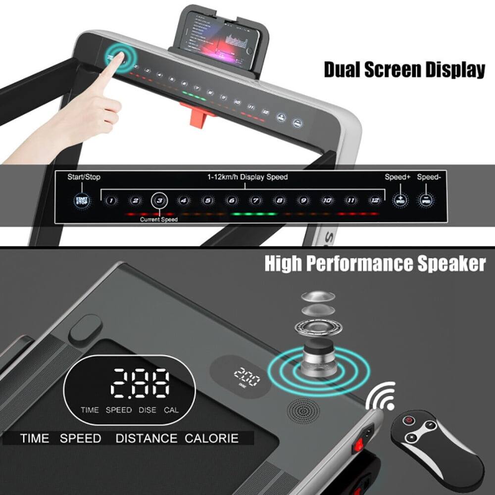 Dual Screen Display

Start/Stop

1-12km/h Display Speed

Speed+ Speed-

EINT STOP

1 2 4 5 7 8 9 10

"1 12 Current Speed

High Performance Speaker

288

TIME SPEED DISTANCE CALORIE
