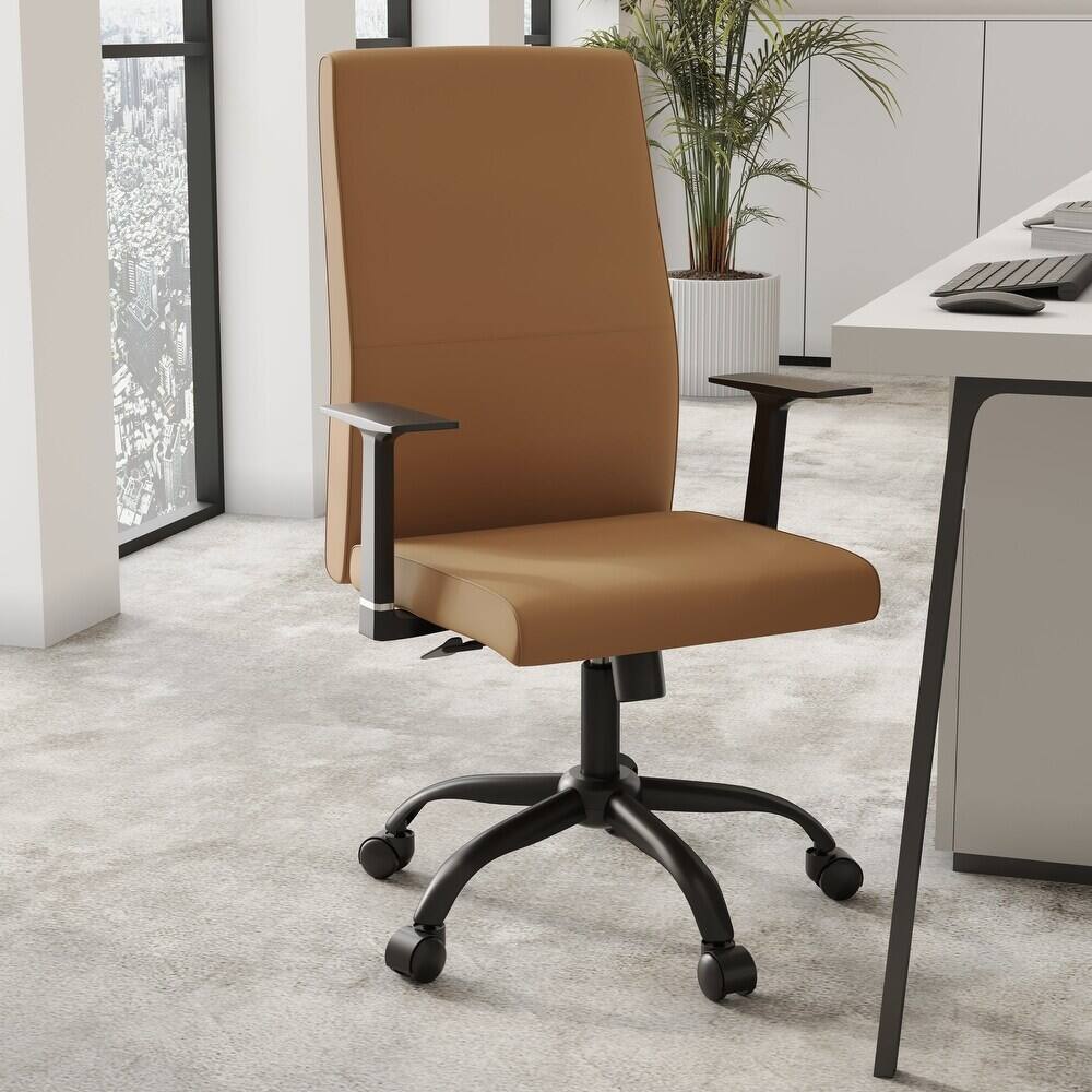 Angle. LeisureMod - Evander Leather Office Chair Aluminum Frame with Adjustable Height, Swivel, Ergonomic Desk Chair - Acorn Brown.