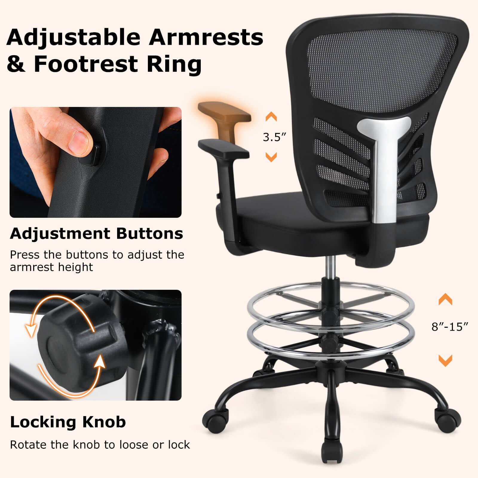Adjustable Armrests & Footrest Ring

Adjustment Buttons
Press the buttons to adjust the armrest height

Locking Knob
Rotate the knob to loose or lock