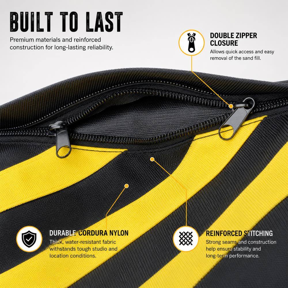 BUILT TO LAST  
Premium materials and reinforced construction for long-lasting reliability.

DOUBLE ZIPPER CLOSURE  
Allows quick access and easy removal of the sand fill.

DURABLE CORDURA NYLON  
Thick, water-resistant fabric withstands tough studio and location conditions.

REINFORCED STITCHING  
Strong seams and construction help ensure stability and long-term performance.